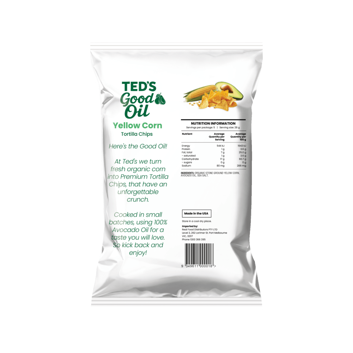 Ted's Good Oil Tortilla Chips - Yellow Corn (Avocado Oil), back of pack with ingredients and nutrition