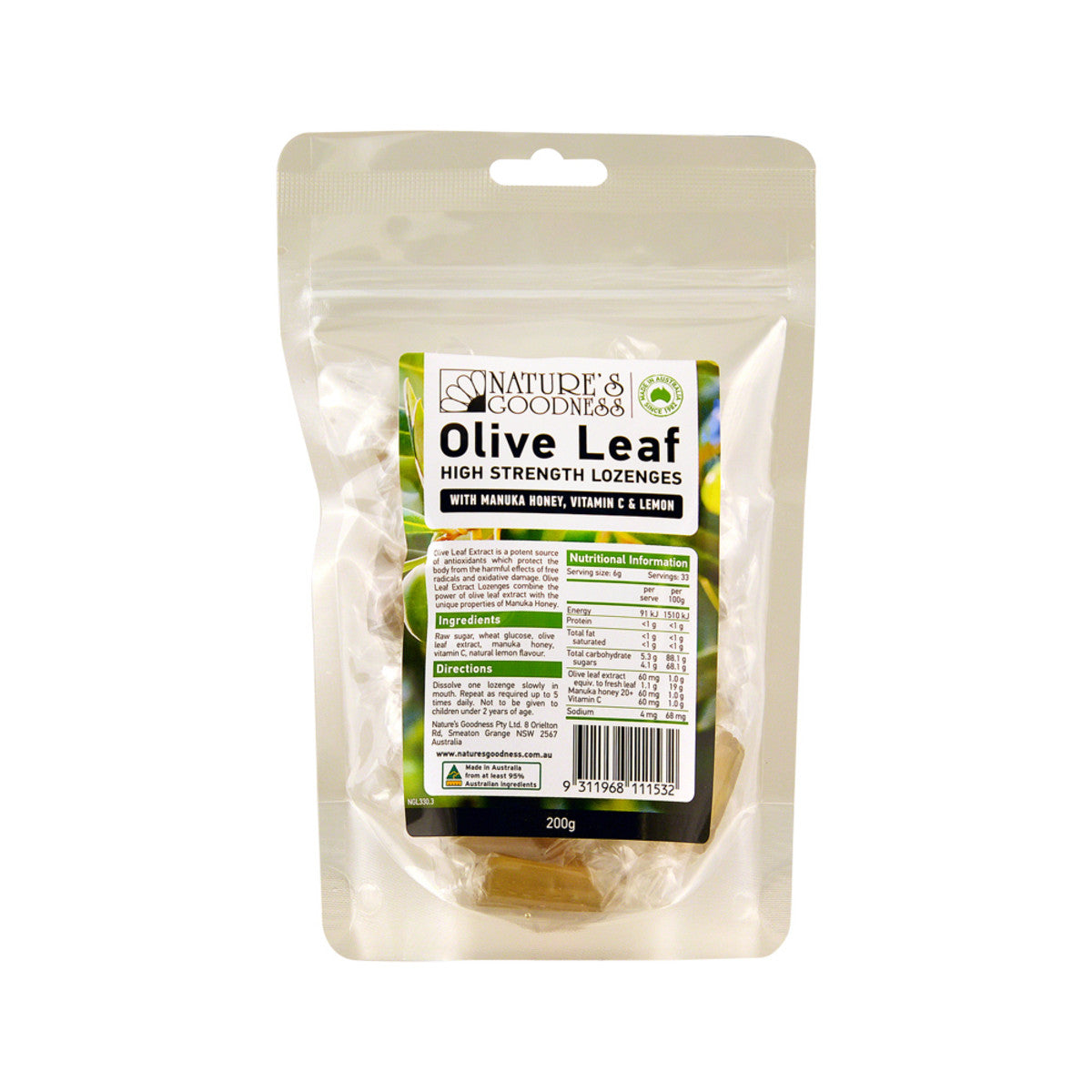 Olive Leaf High Strength Lozenges (with Vitamin C, Manuka Honey & Lemon) 200g