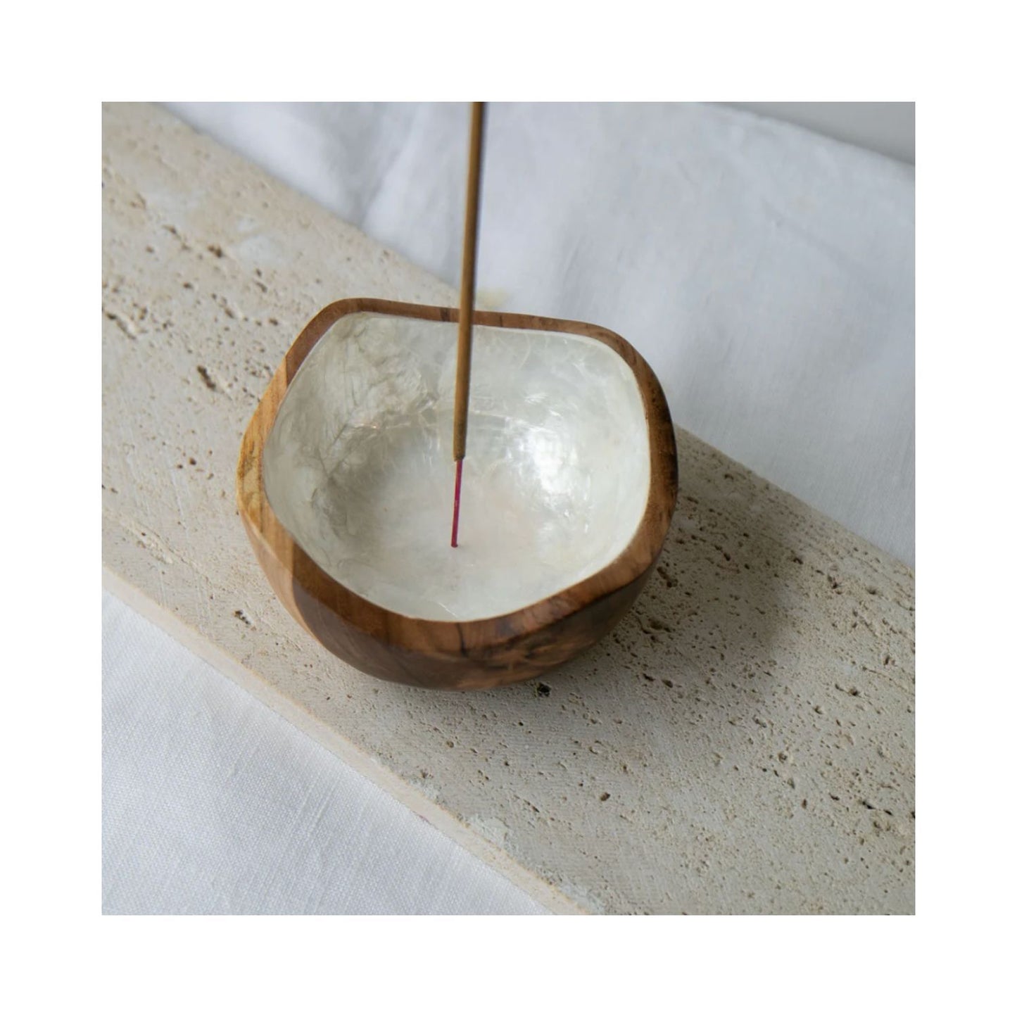 Shell Lined Teak Wood Incense Holder
