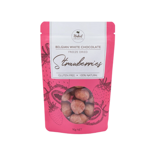 Weiße Schokolade, gefriergetrocknete Erdbeeren