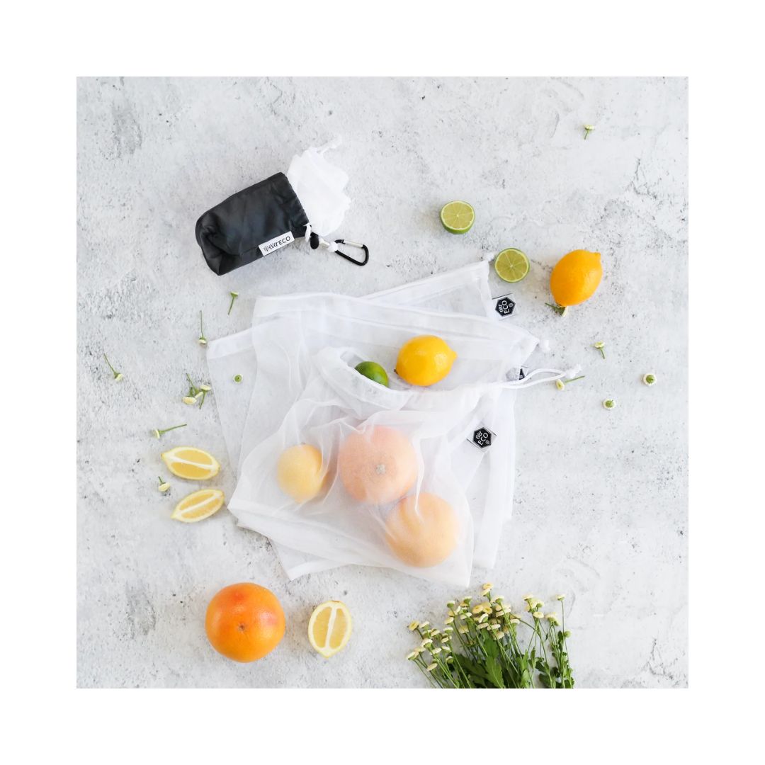 Recycled rPET Mesh Produce Bags - 4 Pack + Storage Pouch