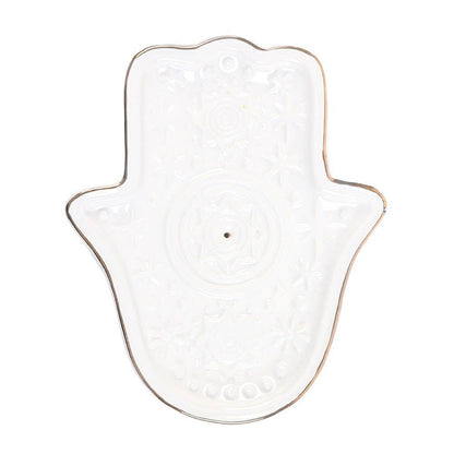Weißer Räucherstäbchenhalter und Schmuckschale mit Hamsa-Motiv