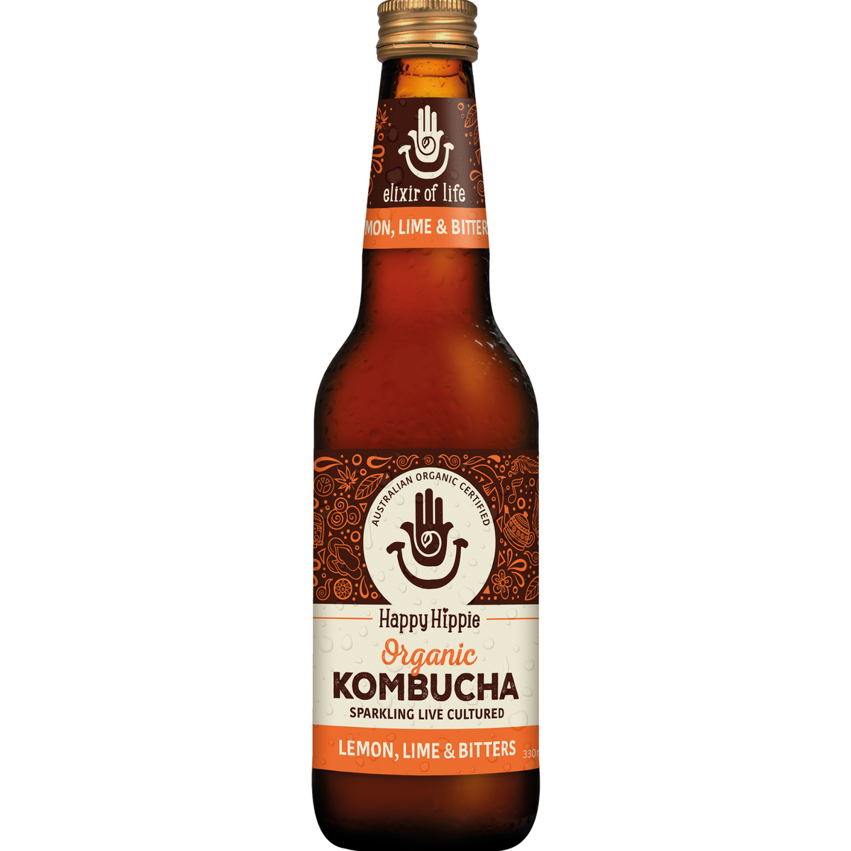 Happy Hippie Lemon Lime & Bitters Kombucha 330ml genuine front bottle on white sized with Wild One range