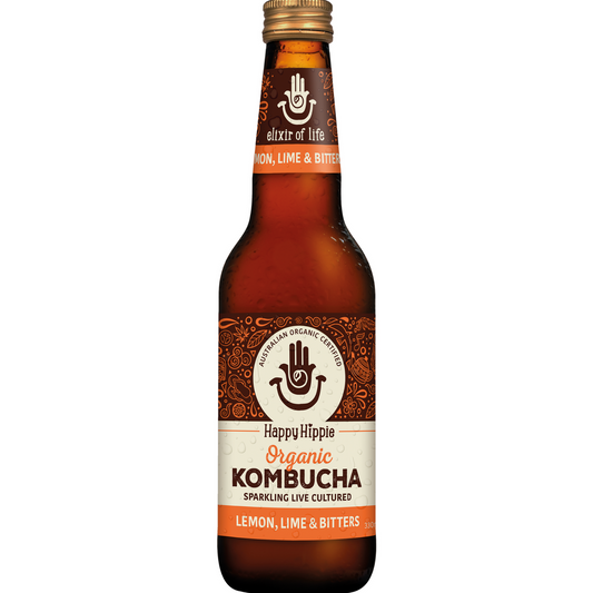 Happy Hippie Lemon Lime & Bitters Kombucha 330ml genuine front bottle on white sized with Wild One range