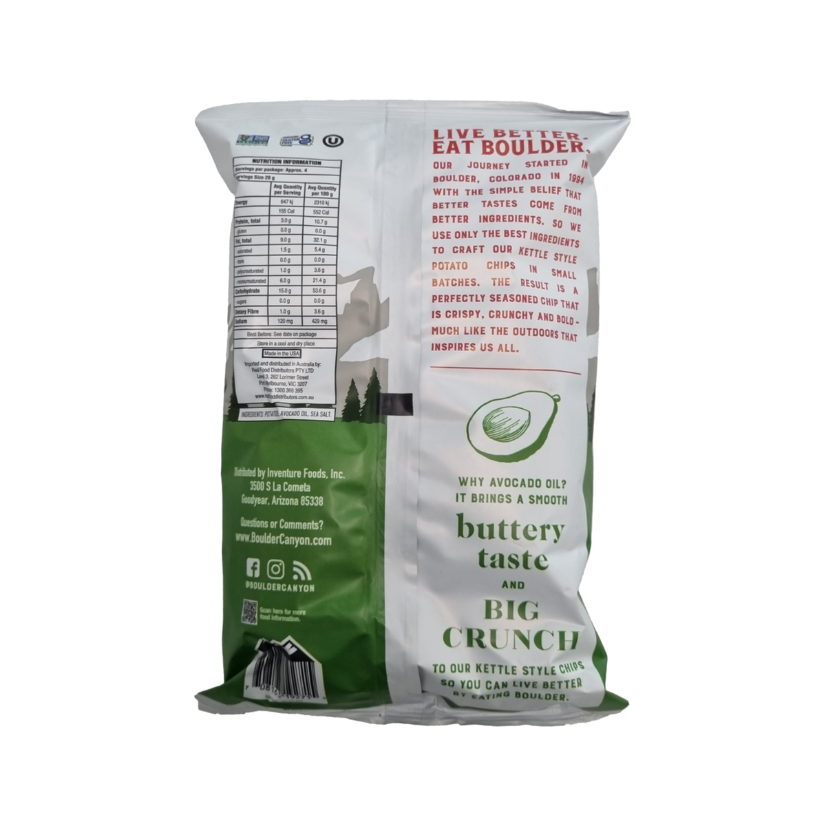 Boulder Canyon Kettle Style Potato Chips - Avocado Oil - Classic Sea Salt, back of pack with ingredients and nutrition