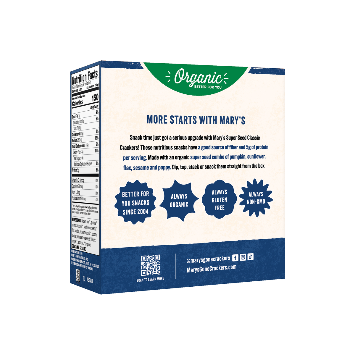 Mary's Gone Crackers Organic Super Seed Crackers - Classic, back of pack with ingredients and nutrition