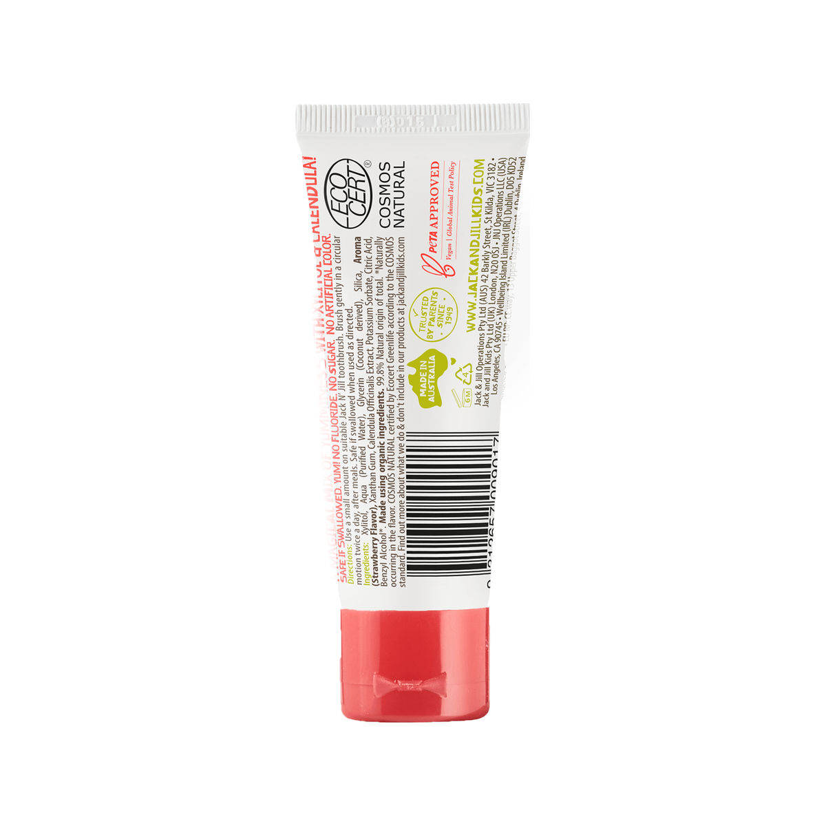 Jack N’ Jill Strawberry toothpaste back label showing ingredients and directions