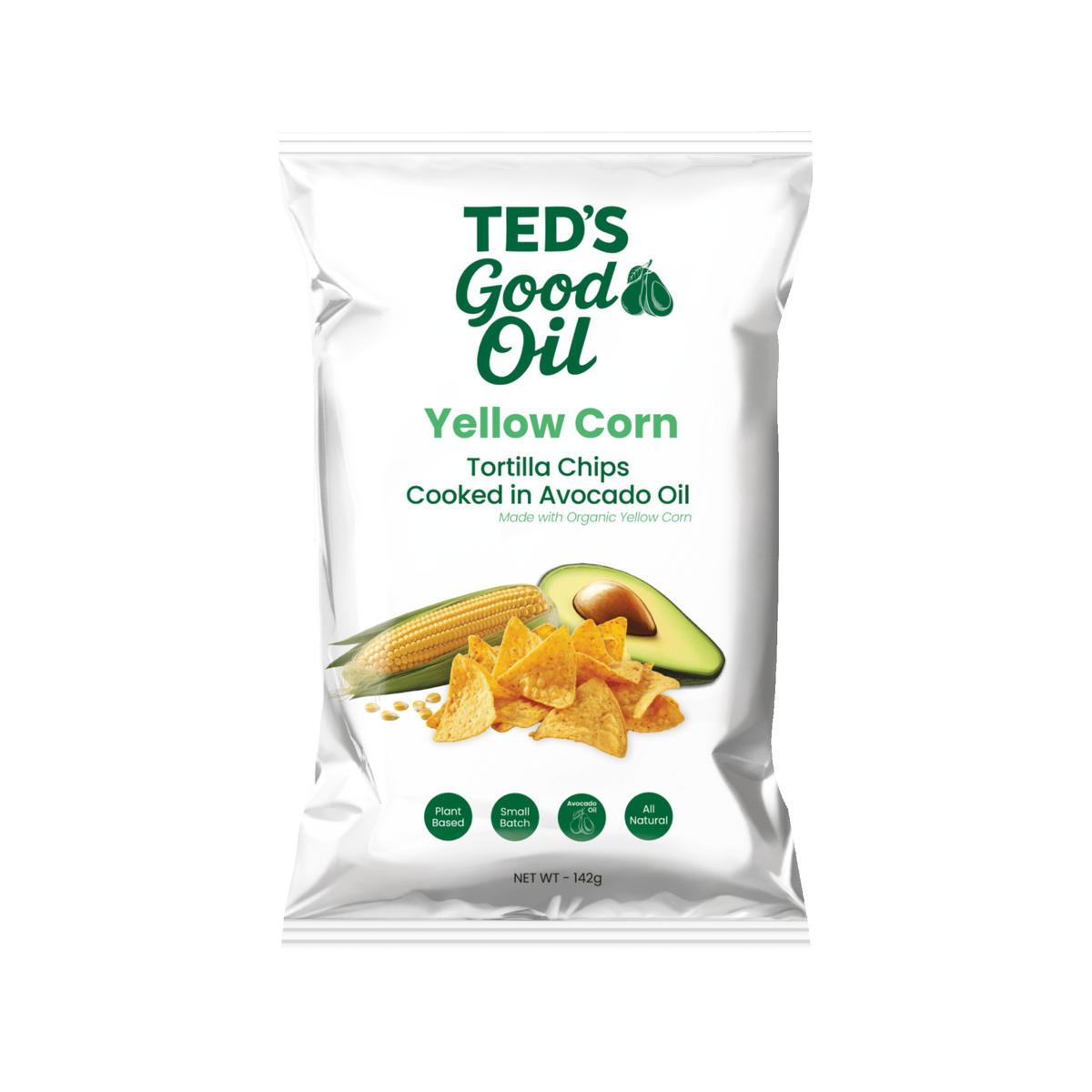 Ted's Good Oil Tortilla Chips - Yellow Corn (Avocado Oil), 142g, front of pack