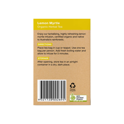 Lemon Myrtle tea label showing brewing directions, storage and barcode