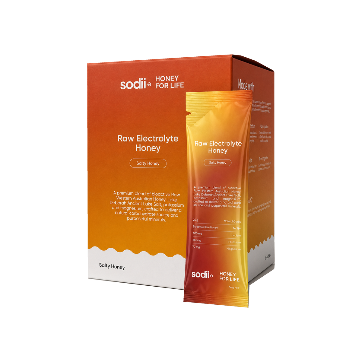 Sodii Raw Electrolyte Honey Salty Honey box of 20 with a 34g sachet