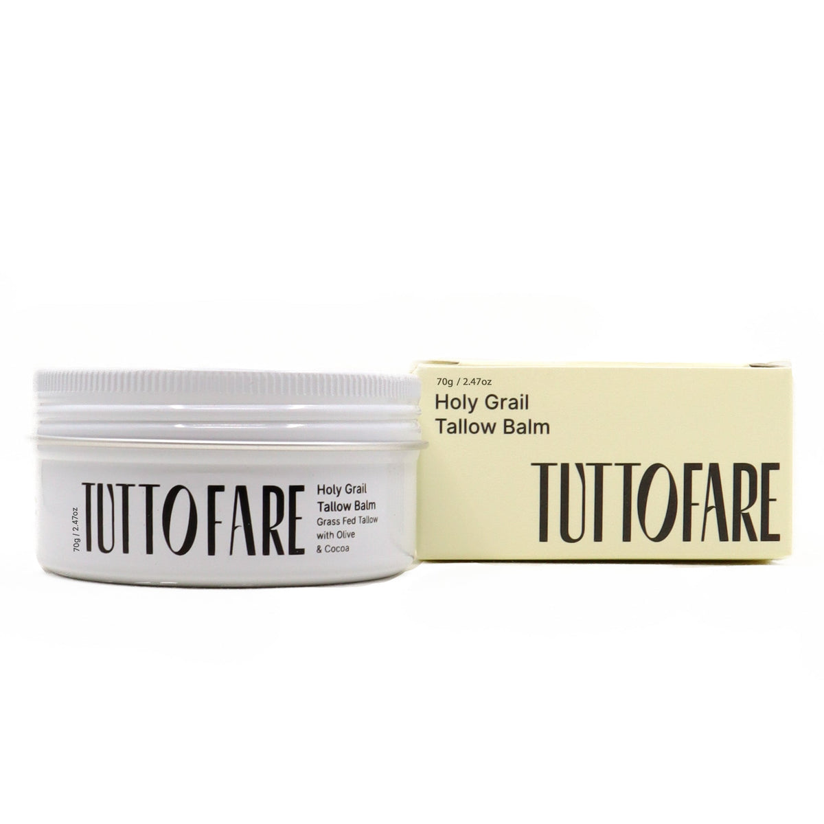 Tuttofare Holy Grail Tallow Balm 70g jar and original cream box, front view