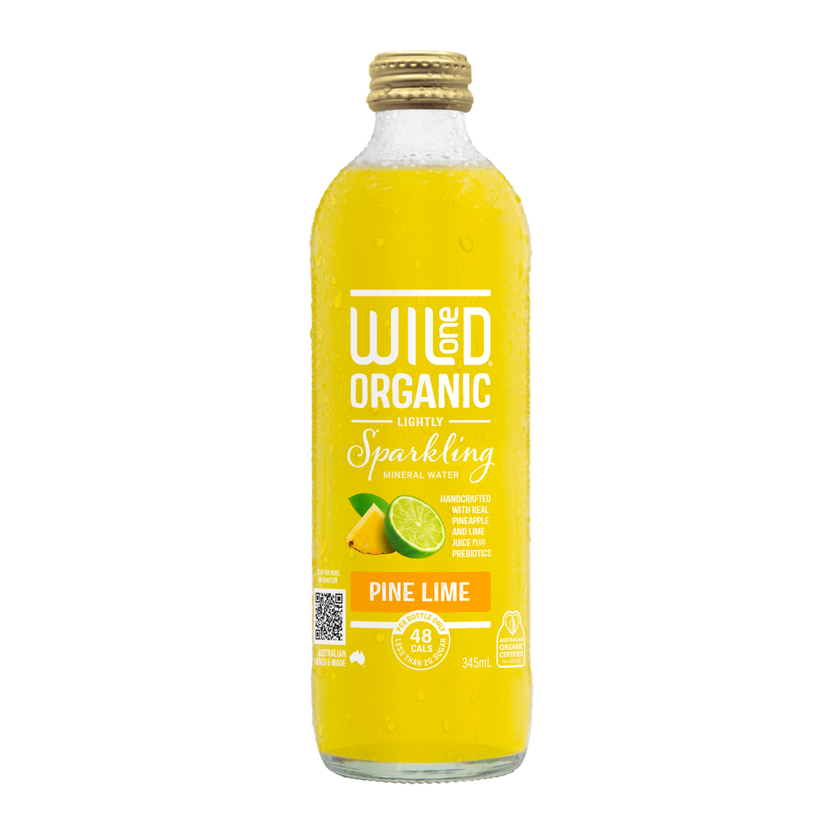 Wild One Organic Sparkling Pine Lime 345ml bottle, authentic manufacturer photograph on white